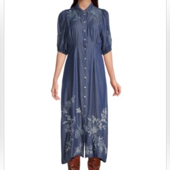Johnny Was Jacqueline Puff Sleeve Midi Shirtdress Size XL Denim Blue Embroidered - Picture 1 of 4